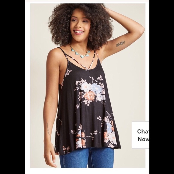 🌻5/$35🌻 ModCloth | Black Floral Strappy Spaghetti Strap Top - Picture 1 of 8